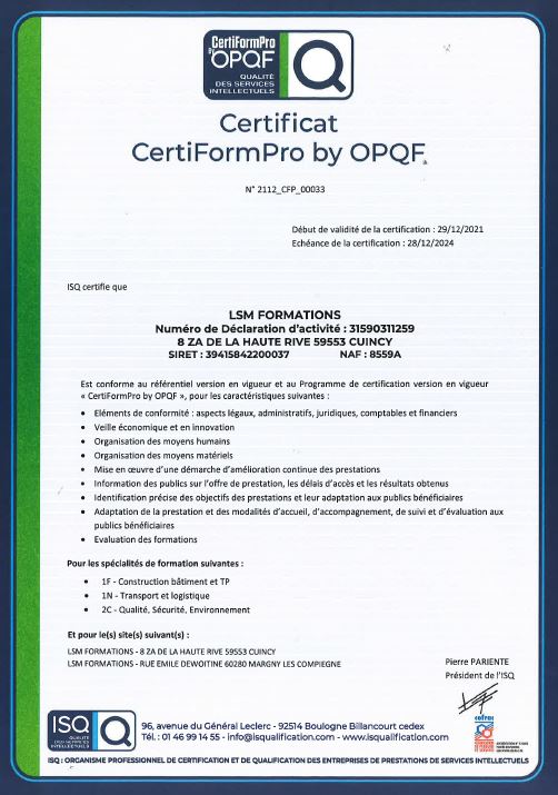 CERTIFICATION "CertiFormPro by OPQF"